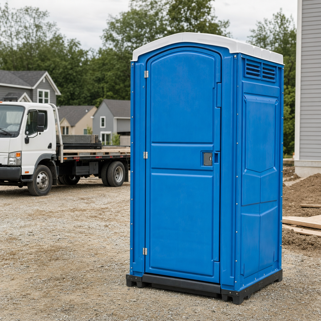 Delivery driver positioning a clean royal-blue portable toilet on level ground at a Largo worksite