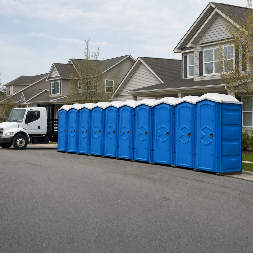 Royal blue portable toilets staged in a tidy row at a Largo jobsite, ready for delivery